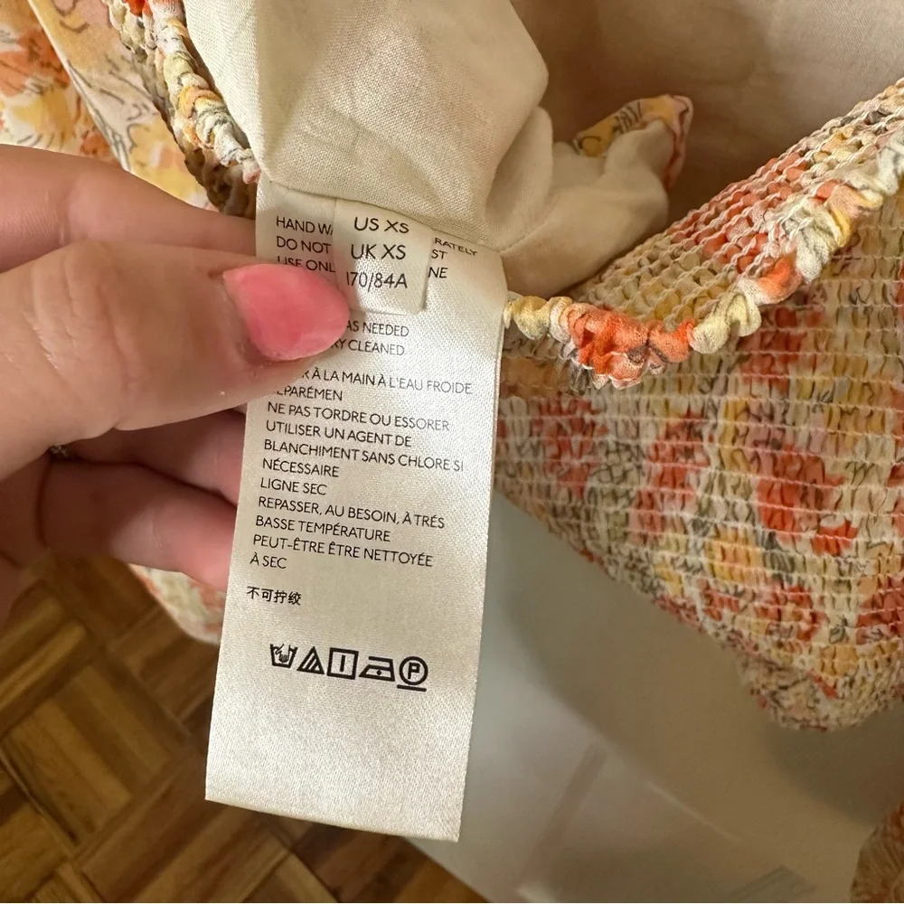 FREE PEOPLE Mabel Floral Print Yellow Orange Ruched Long Sleeve Top Bohemian XS - Picture 12 of 12
